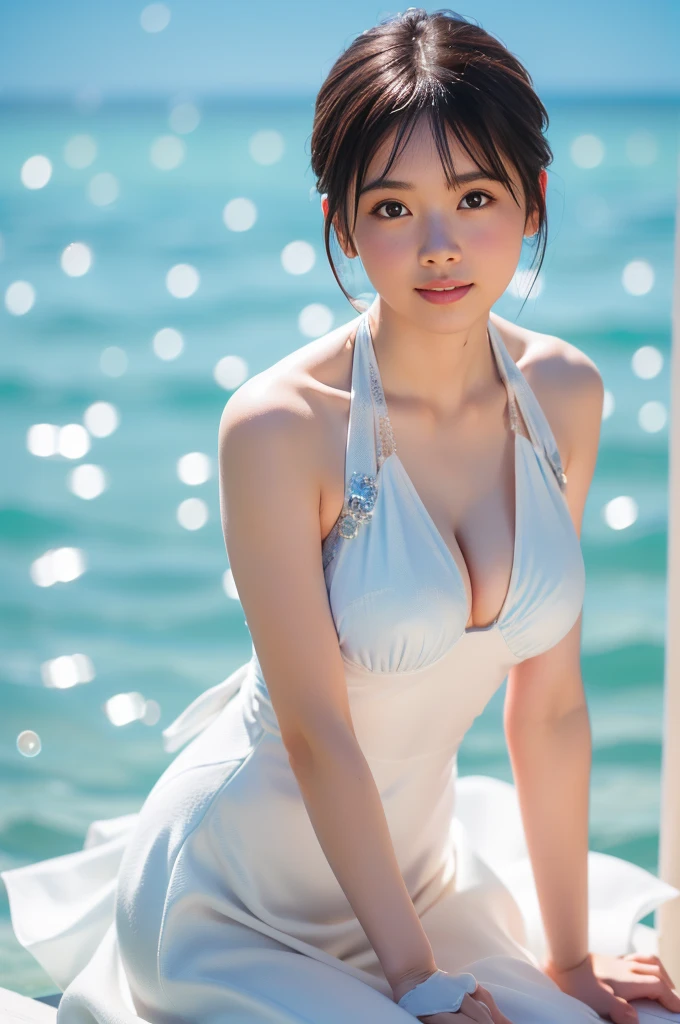 (realistic, photo-realistic:1.37), (masterpiece), (best quality:1.4), (ultra high res:1.2),(RAW photo:1.2), (sharp focus:1.3), (face focus:1.2), vibrant details, hyperrealistic, elegant, professionattire, finely detail, (take an open-air bath:1.2), BREAK ((wrap the see-through towel around body)), (show nipple), short hair, (happy smile), (huge breasts), (in the water), (glossy skin:1.4), (leaning forward:1.2), cleavage,