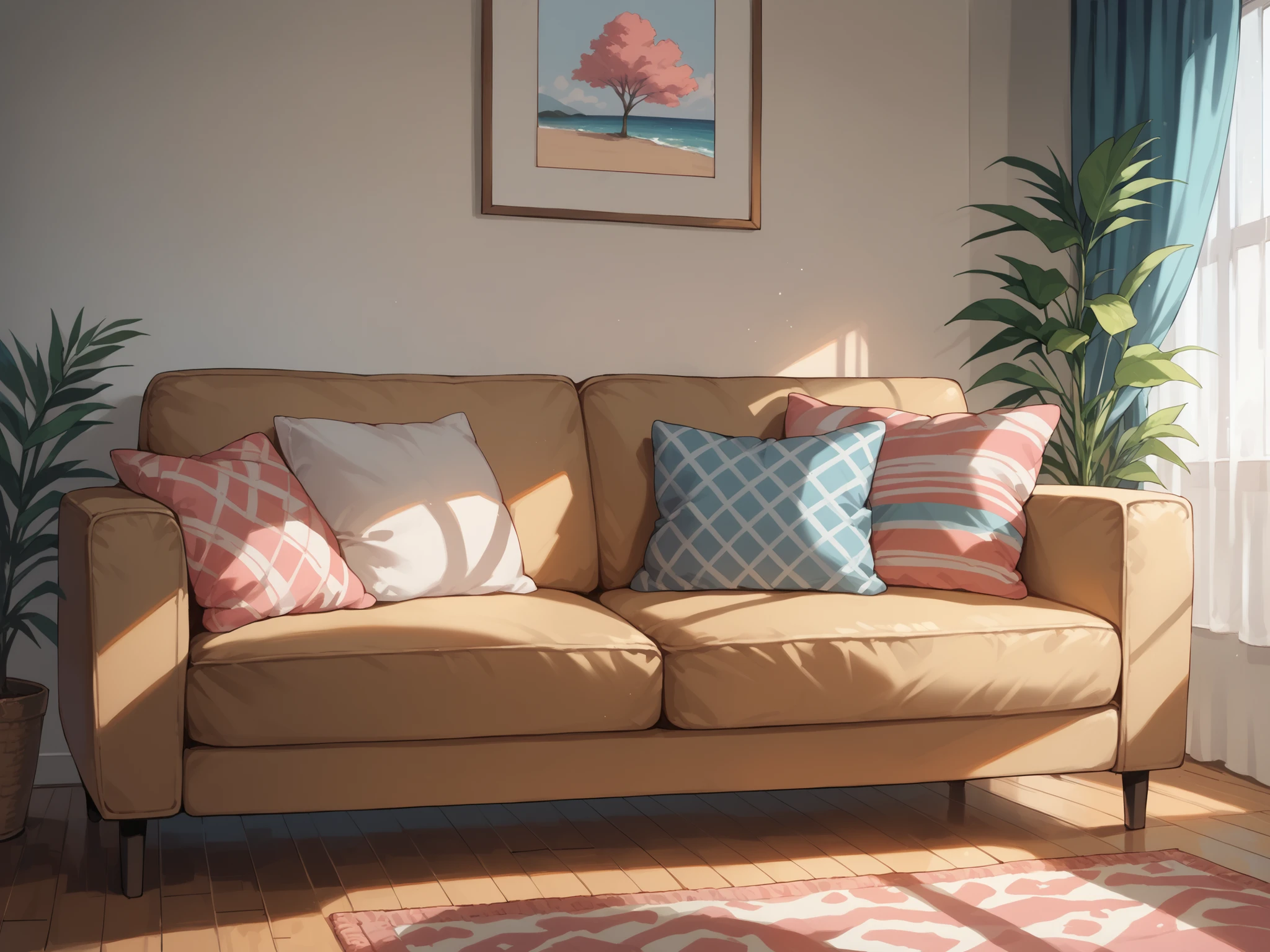 Sofa in a cozy anime-style room. Views of Hawaii