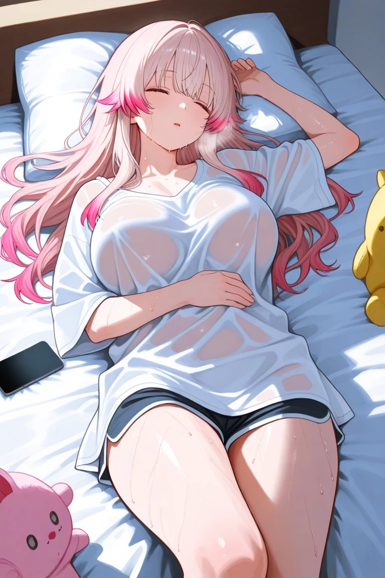 8K, highest quality, masterpiece:1.2), (realistic, photo-realistic:1.37), highest quality, masterpiece, beautiful young woman、beautiful girl、bright look、bright skin、lying on the bed、white shirt mess、Chest bare、Bare crotch、Pink string panties and bra torn and messy、Peeing from the crotch、Breasts fully visible、pink hair、Nipples fully visible、M-shaped spread legs、open the thighs、raise your arms