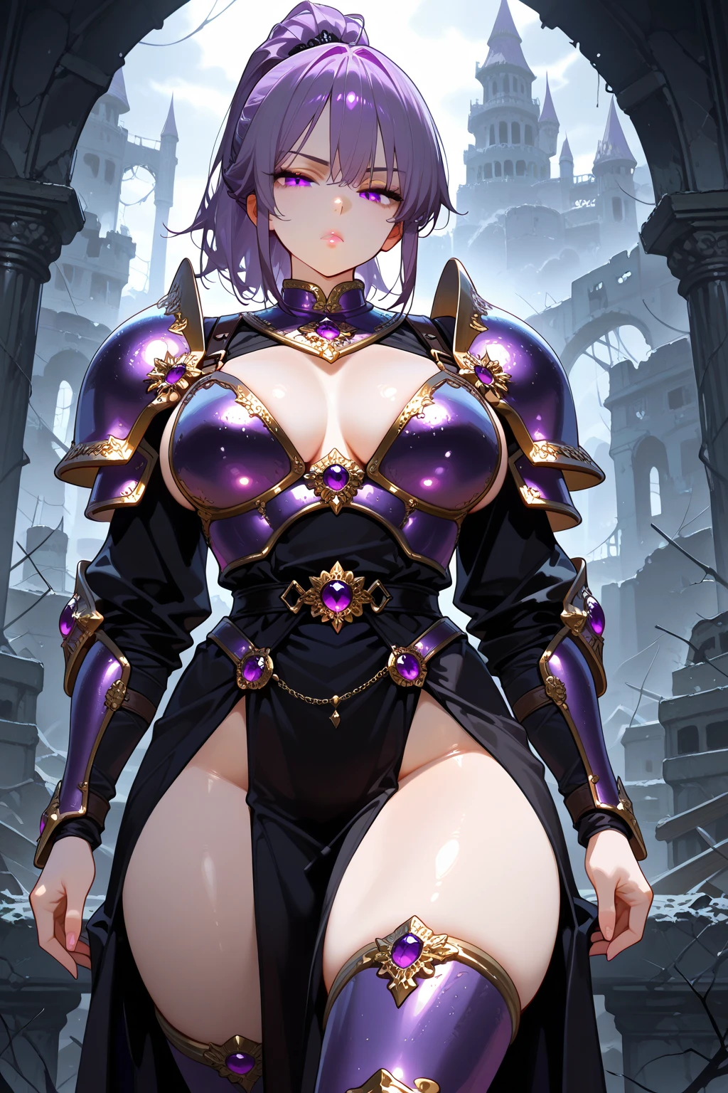 "(masterpiece:1.1), best quality, 
1girl, (80s anime style:1.3), (eyelashes:1.5), (loli:1.2), 
(intricate high detailed body:1.2), 
(purple hair:1.1), (forehead:1.1), (very short hair, pixie cut:1.1), (hair ornament:1.2), 
green eyes, (lip stick:1.3), (thick eyebrows:1.1), 
(slim body:1.1), (gigantic breasts:1.5), 
(grin:1.2), open mouth, 
(see-through lace body suit armor, cleavage cutout:1.2), (pantyhose:1.2), 
(knight armor, armored boots, capelet:1.2), (earrings:1.1), necklace, 
standing, crossed arms, 
(upper body, cowboy shot, looking at viewer, from front:1.1),
(daytime, grassland, outdoors:1.2)"