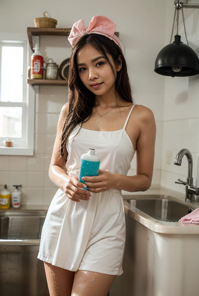 (Tabletop,supreme beauty,masterpiece,Dynamic Angle,Depth of written boundary,135mm,Super detailed,high quality,Awards,最high quality,High resolution,8K,Beauty,Idol,Realistic,Photorealistic,Correct skeleton,Biologically correct),(put a white towel around your neck:1.5),(Woman opening the refrigerator:1.3),(In the kitchen),(Shorts:1.3),