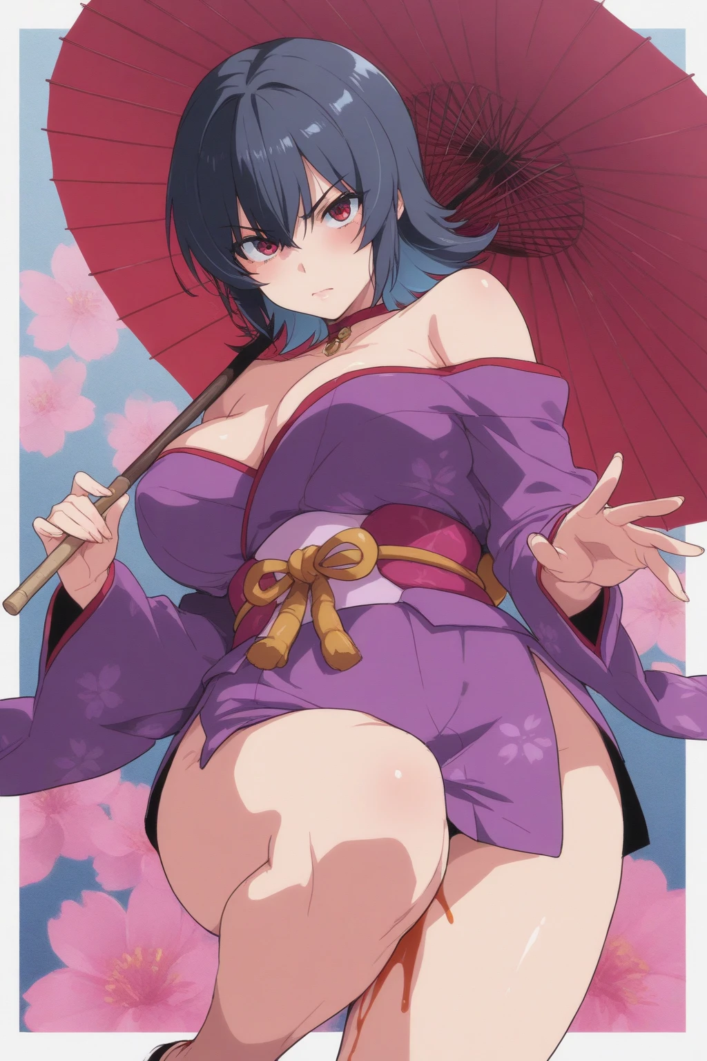 a Japanese girl with cleavage and her curvy body in a kimono