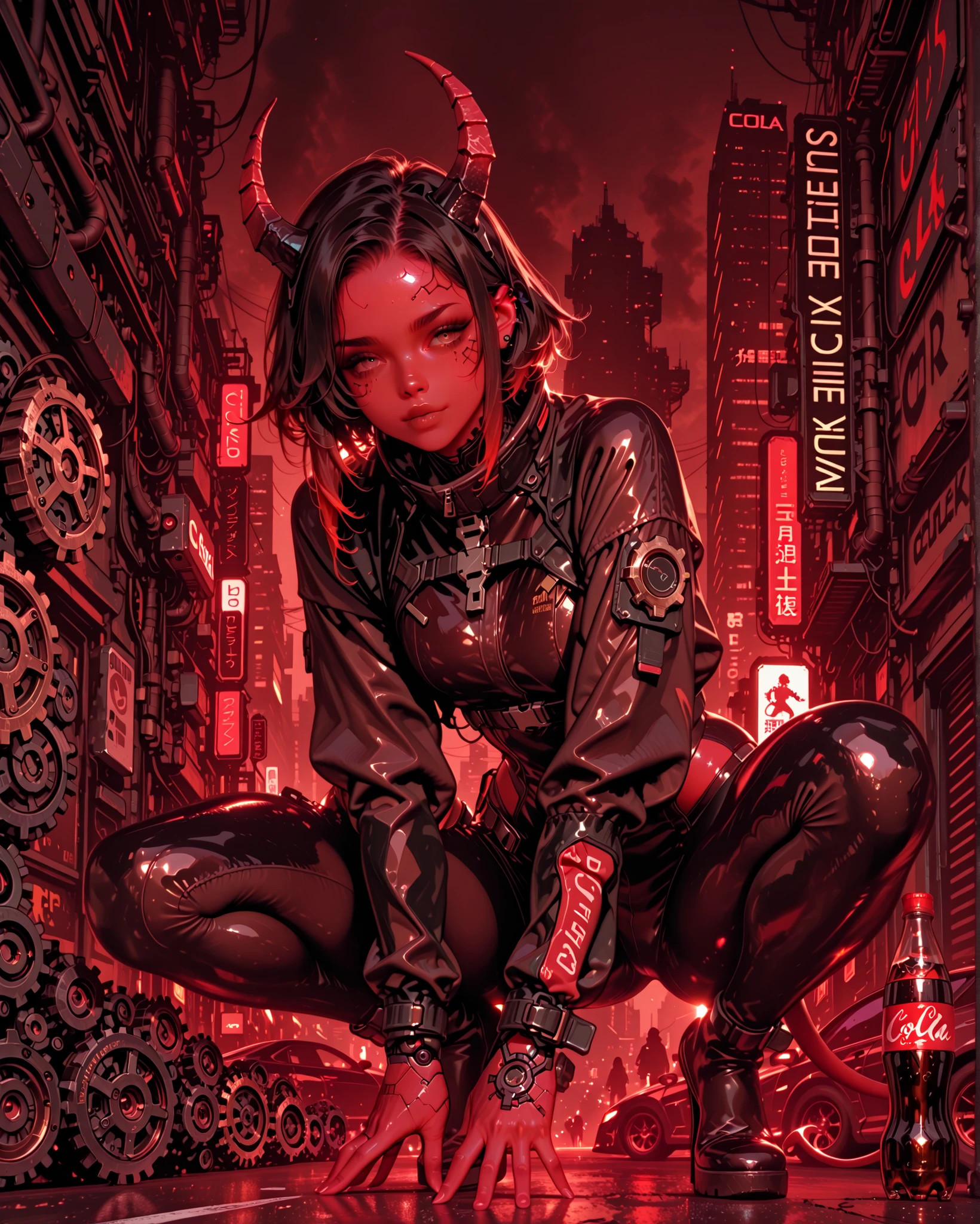 Chica demonio , Red skin, Horns, cola , Latex costume, Robotic Gears, futuristic devices, aggressive, brown, crouching . bottom: cyberpunk city . dark atmosphere