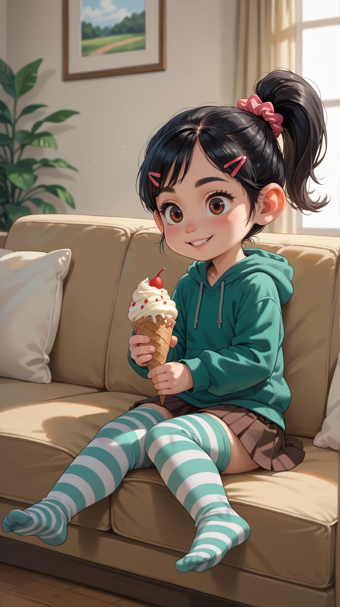 1 girl, VanellopevonS, 1girl, solo, black hair, hair ornament, hair scrunchie, green hoodie, hood down, brown skirt, striped thighhighs, (((no footwear))), small girl, cute, solo, sit on sofa, living room, sit, holding ice cream, close up, indoor
