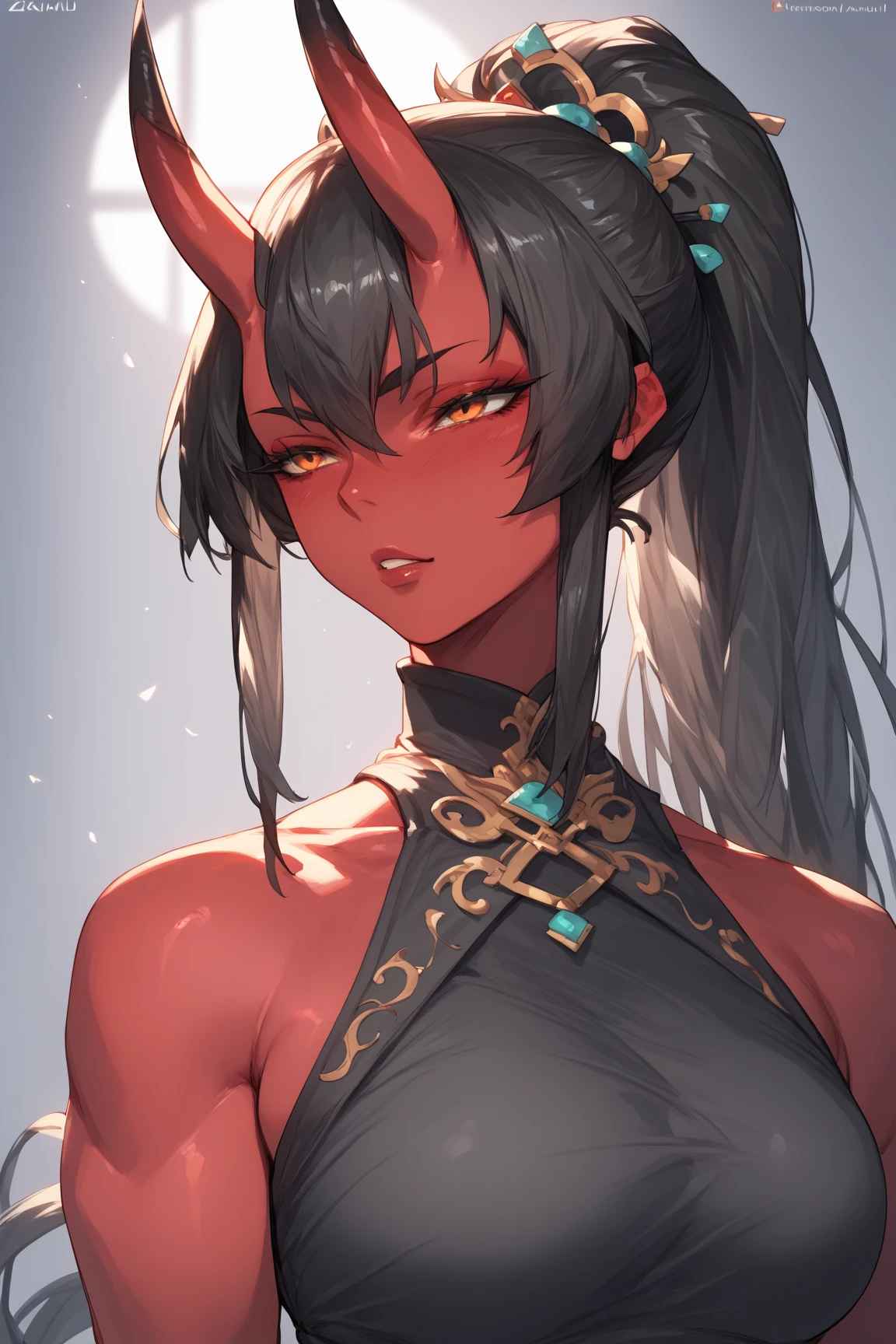 ((Masterpiece)), ((Pale skin)), (Bokeh effect), (Dynamic Angle), (Narrowed eyes:1.3), (Solo:1.2), (Female:1.1), Black hair, Yellow eyes, (Glowing eyes:1.2), Side Chest, Armpits, bangle, arm ring, (double tails:1.1), Long hair, (exterior:1.2), (Pointy ears:1.1), (Shorts:1.1), (Red marks on the forehead:1.2), Red horns, (Red Tabad:1.3), upper legs, ((bold outlines))