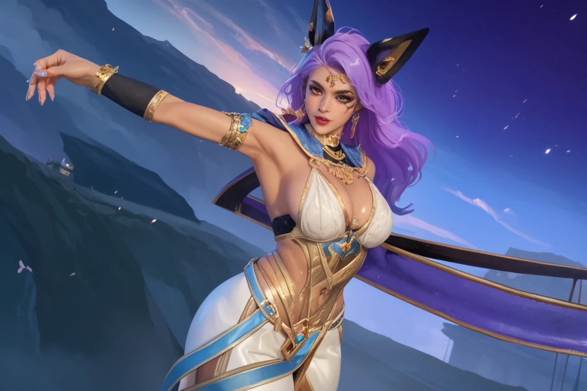 Egyptian goddess, Cleopatra, purple hair, blue eyes, thick eyeliner, red lips, clear focus eyes, big breast, sexy bikini, big cat ears, Egyptian style, perfect body, 8k, realistic, ultra detail,