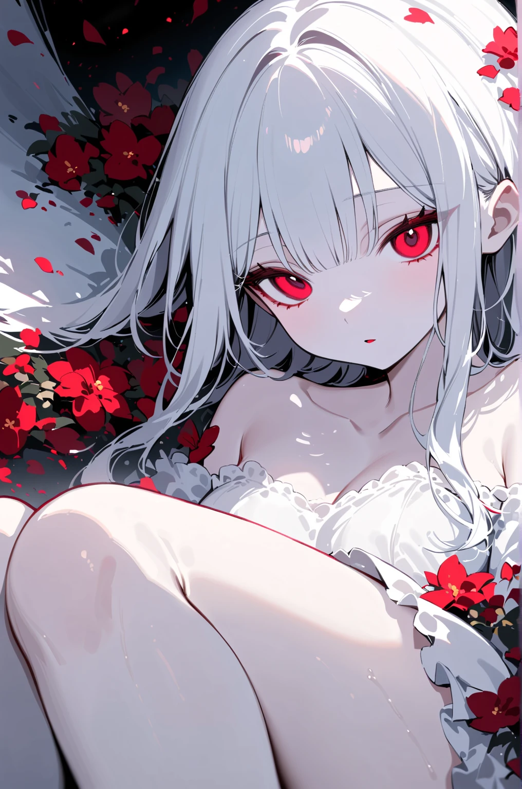 nsfw, dark theme, low key, horror, anime, masterpiece, best quality, centered, upper body, detailed shiny skin, perfect hands, looking at viewer, 1girl, medium curly white hair, red eyes, small breasts, parted lips, see-through nightgown, satin, lace, very detailed, high resolution, sharp, dynamic, 4k, 8k,