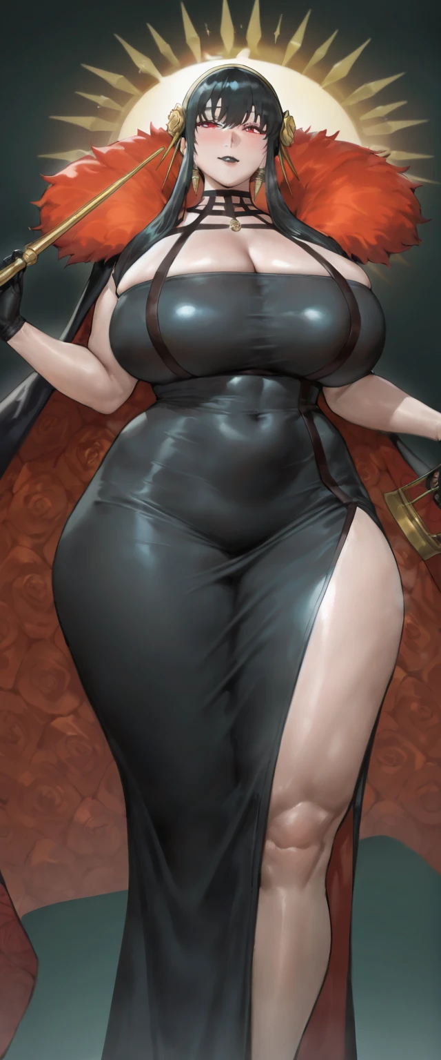 masterpiece, best quality, very aesthetic, absurdres, newest, 1girl, pelvic_curtain, covered_crotch, solo,standing_split,tears in eyes,embarrassed, ,yor_briar,spy_x_family,  bare_shoulders, black_choker, black_dress, black_gloves, black_hair, black_thighhighs, breasts, choker,cleavage, collarbone, covered_navel, dagger, dress, earrings, fingerless_gloves, gloves, gold_earrings, gold_hairband, hair_up, hairband,jewelry, large_breasts, red_eyes, red_nails, sidelocks, sleeveless, sleeveless_dress, thighhighs, two-sided_dress, two-sided_fabric,,in a plaza