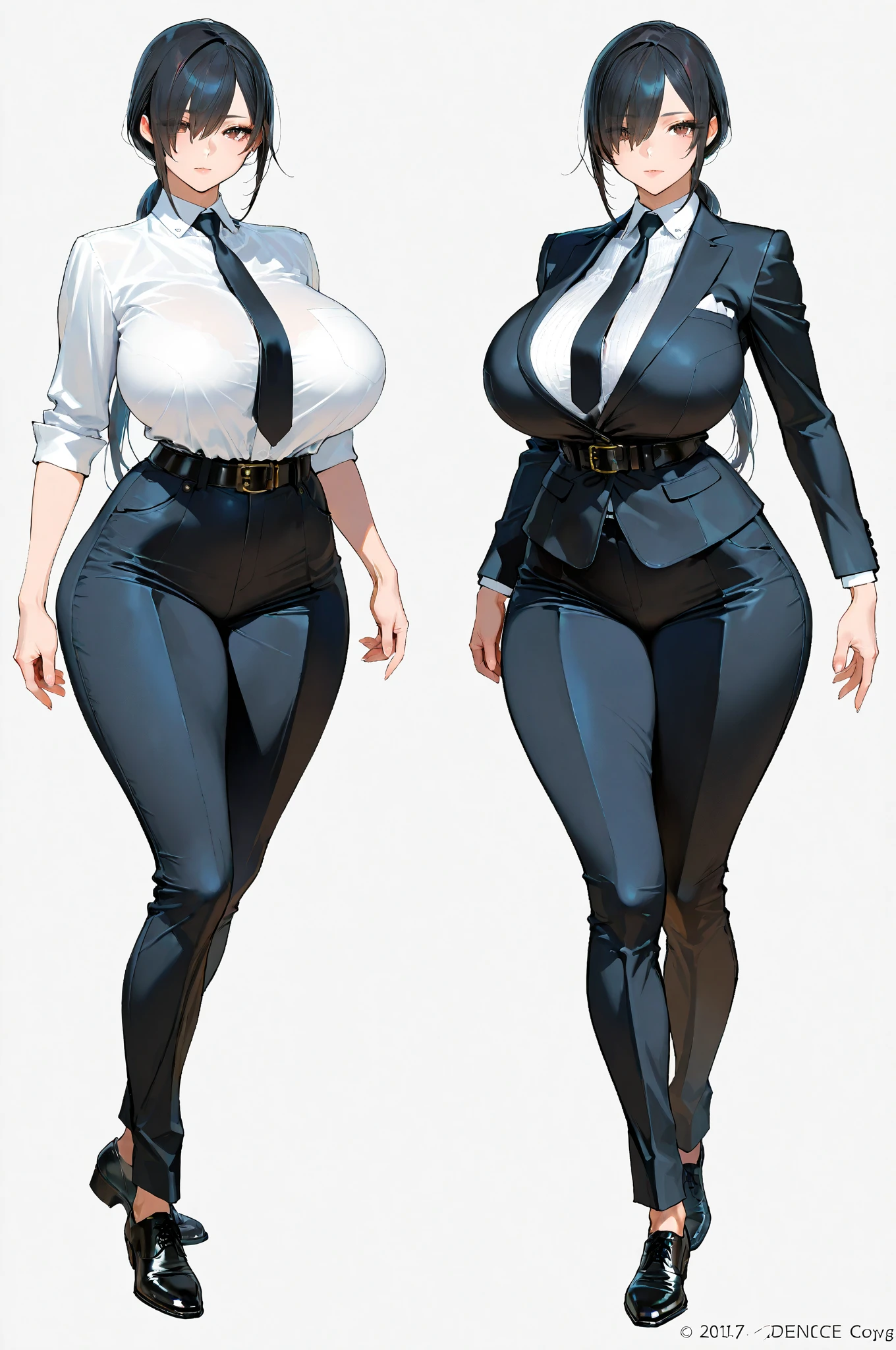 digital art, highly detailed, reference sheet, standing pose, feminine features, mature woman, adult female, whole body, bald, busty, form-fitting, open neckline, vest, office shirt, pants, heeled shoes, 1woman, solo, upper body, lower body, ((Extremely Detailed)), ((Best Quality)), ((Masterpiece)), ((4k))
