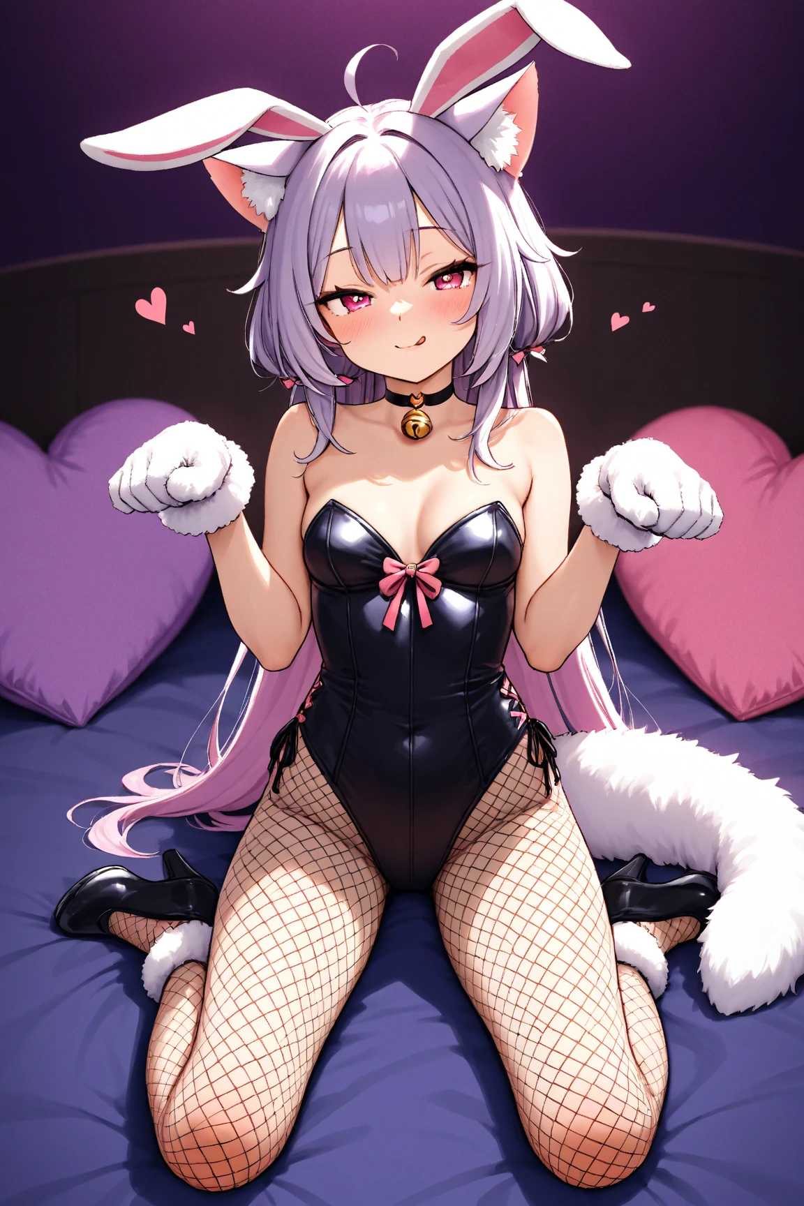 High quality, masterpiece, ultra-detailed, highly detailed outfit, choker, without bra, very tight evening dress, 1girl, solo, peaceful expression, long pink hair, fox ears, enchanting green eyes, ridiculously large breasts, laying on bed, bedroom, many heart-shaped balloons, large amount of balloons