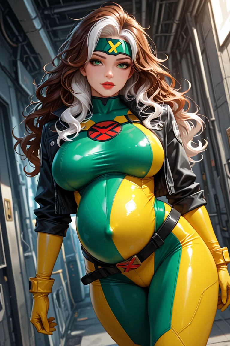 CARTOON_X_MENs_Rogue,ownwaifu,
long hair,breasts,brown hair,green eyes,lipstick,makeup,lips,white hair,two-tone hair,headband,wavy hair,large breasts,messy hair,curly hair,big_hair,
yellow bodysuit,jacket,gloves,belt,yellow gloves,green bodysuit,bodysuit,multicolored bodysuit,superhero, skin tight,multicolored clothes,
official art,extremely detailed CG unity 8k wallpaper, perfect lighting,Colorful, Bright_Front_face_Lighting,shiny skin, (masterpiece:1.0),(best_quality:1.0), ultra high res,4K,ultra-detailed, photography, 8K, HDR, highres, (absurdres:1.2), Kodak portra 400, film grain, blurry background, (bokeh:1.2), lens flare, (vibrant_color:1.2),professional photograph, (beautiful_face:1.5),wide_hips,(thicc:0.5), (WeightImmobile:1.3), (obese:1.2) (round face:1.3), huge belly, wide hips, from below, discoelysium, legs spread, muffin top, pudgy, Big Baby Bump pregnant, Big boobs, Big pregnant Belly, Big Pregnant girl, Largest Belly of Pregnant, Huge Pregnancy, Huge 9 months Pregnancy Belly, huge belly expansion, huge belly girl, morbid obesity,800lbs,enormous fat belly, rolls of fat, fat thighs