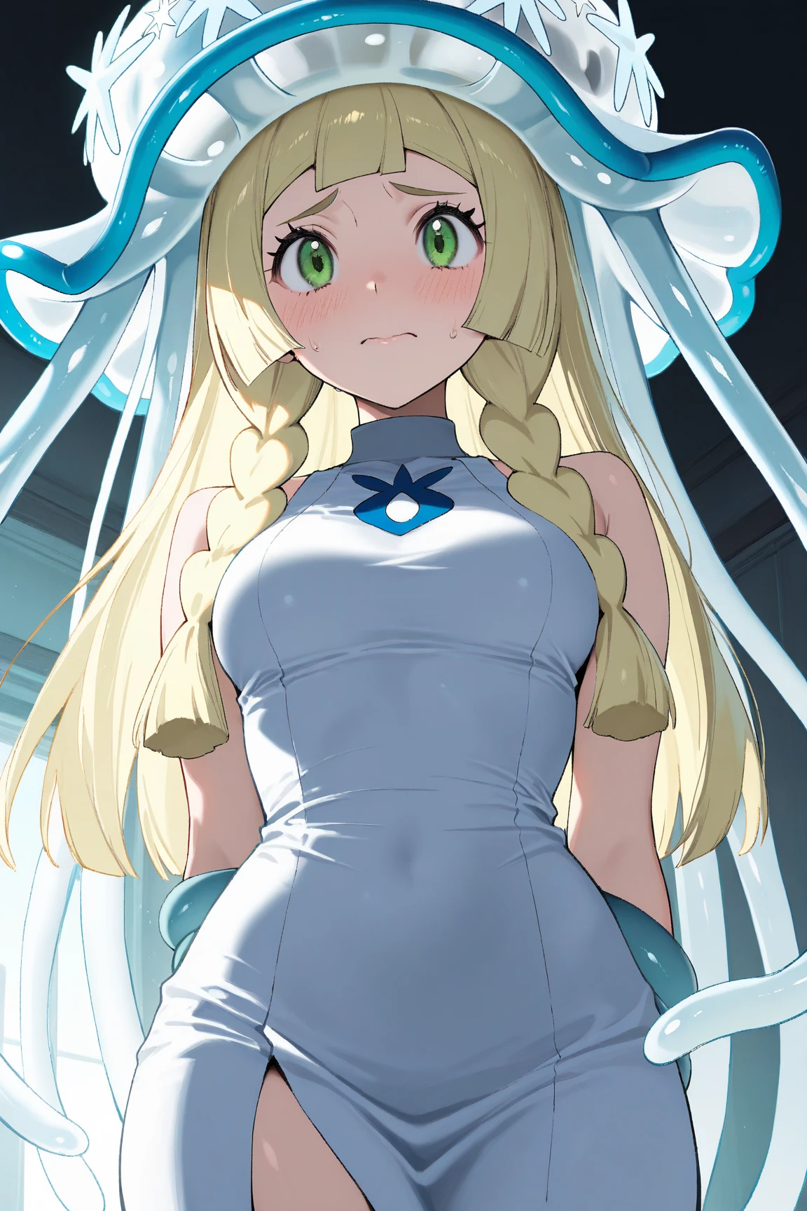 (masterpiece, best quality), 1girl, solo, moimoi, blonde hair, blue eyes, dark-skinned female, white-blue dress, detached sleeves, blue-white hair bow, white choker, blue thigh boots, white pantyhose,  <lora:moimoiPopNMusic:1>