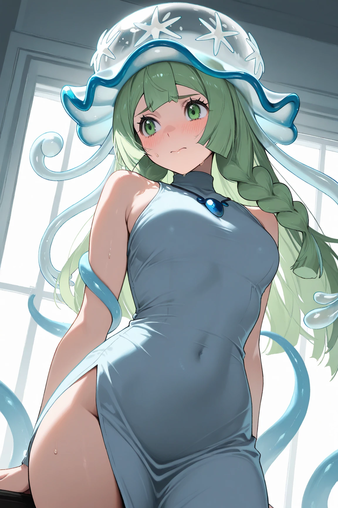 Expressive, score_9, score_8_up, score_9_up, Touhou, masterpiece, high quality, highly detailed, 1girl, kochiya sanae, solo, green hair, long hair, green eyes, long hair, big breasts, blush, round breasts,,,,,, frog hair ornament, hair tubes, snake hair ornament,,,, thin waist, sit on stool, white background,, virgin killer sweater, 
