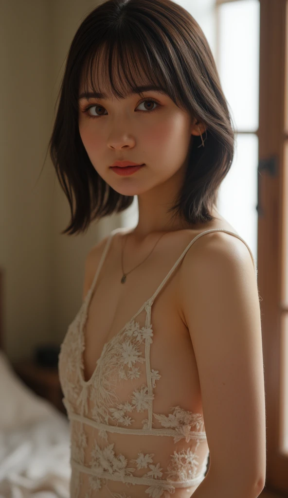 xxmixgirl, Upper body of a beautiful cute long and slender slimmed face Japanese girl, happy smiling, still from the film, ((young Marion Cotillard face : 1.2)), ((young Anne Hathaway face: 1.0)), top shot, portrait photo of a cute 25 years old girl, looks at viewer, full lips, natural skin, skin moles, stormy weather, (cinematic, film grain:1.1), ((asian winged eyes, very long and slender slim face, windy tousled, long straight black ponytail, nightgown)), Leica SL3, Summicron-SL 75mm ASPH, F/2, (cinematic still:1.2) Kodak Gold 200 film, bokeh, rim lighting, silhouette, shallowed depth of field, dynamic hands up,