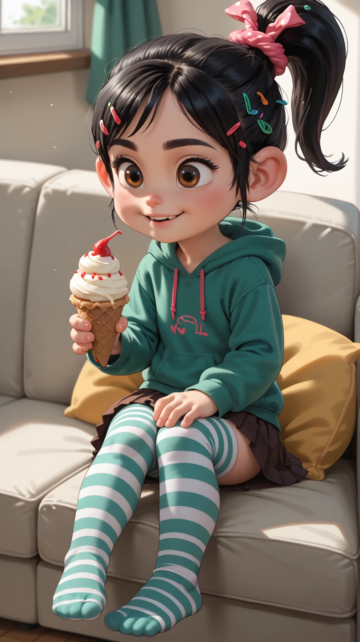 1 girl, VanellopevonS, 1girl, solo, black hair, hair ornament, hair scrunchie, green hoodie, hood down, brown skirt, striped thighhighs, (((no footwear))), small girl, cute, solo, sit on sofa, living room, sit, holding ice cream, close up, indoor