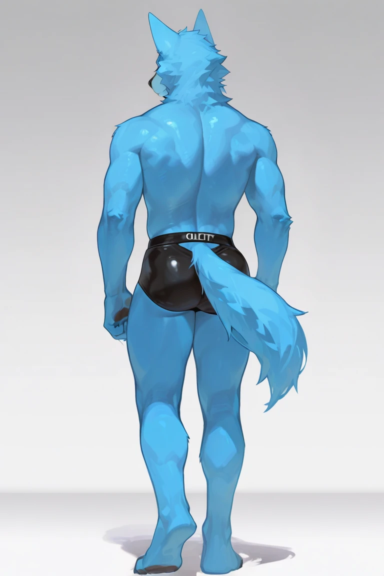 Anthro canine boy, twink, CGI style, all gray fur, gay, cute, short blue Mohawk styled hair, fit twink body, toned plump butt, big round butt, very defined buttcheeks, solo, standing upright, butt facing viewer, bubbly butt, smirking