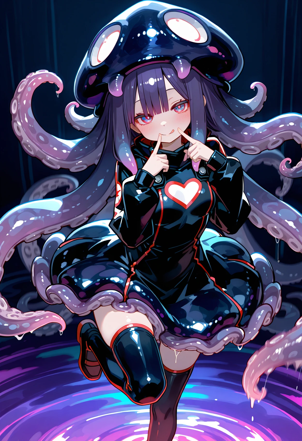 ((Girl fused with tentacles. Tentacles from the skirt)). School uniform. Black costume. A dark-haired. The long-haired. Cropped bangs. natta.two eyes sticking out of the head,,,,,,,. Peek out from overhead creatures with large mouths. Invincible smile. Short skirt. natta. Back alley