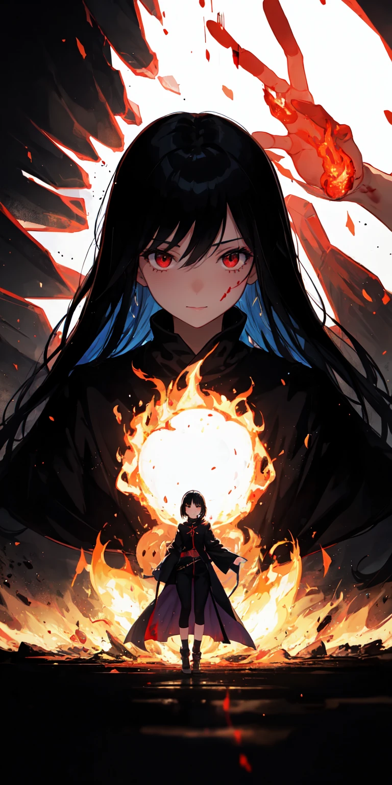1girl, black hair, red eyes, fire witch, blood, light particles, light rays, wallpaper, high contrast, colorful,