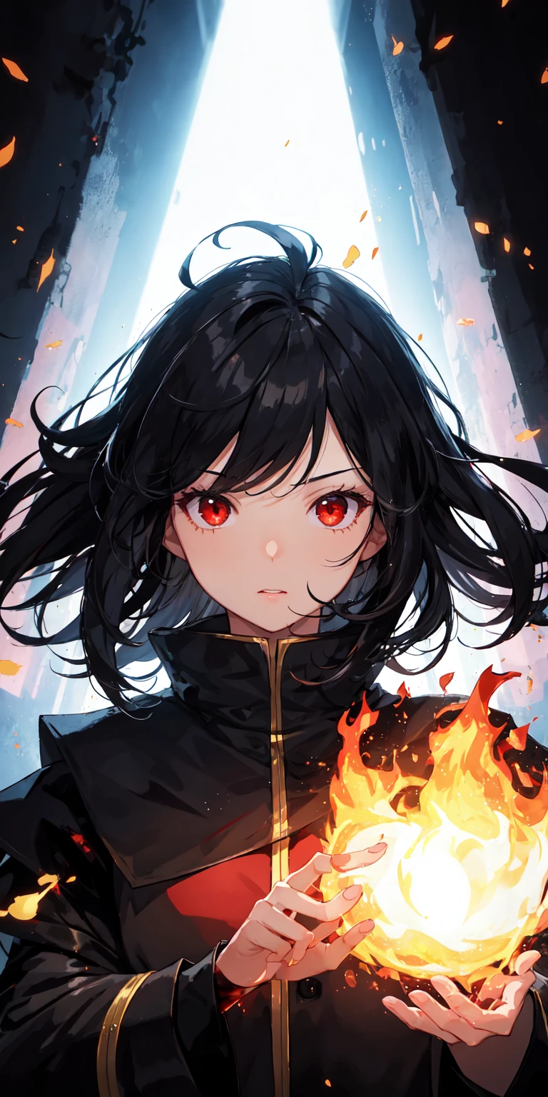 1girl, black hair, red eyes, fire witch, blood, light particles, light rays, wallpaper, high contrast, colorful,