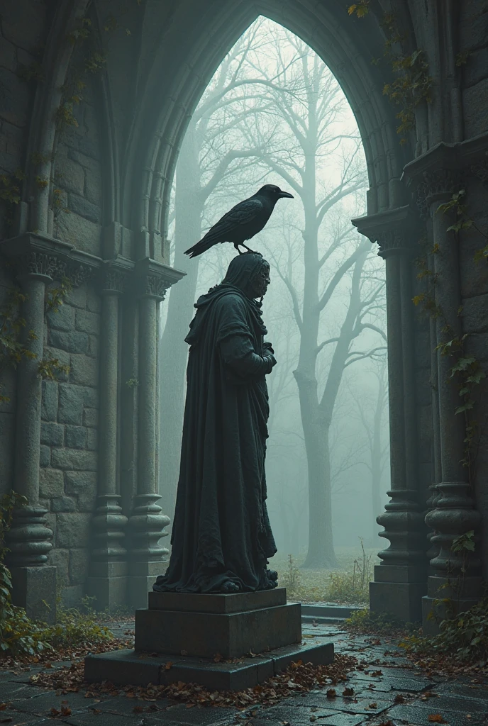 A crow perched on a shaky statue in an overgrown cathedral, morning fog seeps through broken windows. gothic romantic style, rendered digital sculpture with ink coverage. dramatic high contrast, sharp stone details, soft light passing through fog. Hyper-detailed textures, Dark mood, Fine art fidelity.