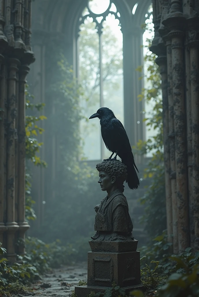 A crow perched on a shaky statue in an overgrown cathedral, morning fog seeps through broken windows. gothic romantic style, rendered digital sculpture with ink coverage. dramatic high contrast, sharp stone details, soft light passing through fog. Hyper-detailed textures, Dark mood, Fine art fidelity.