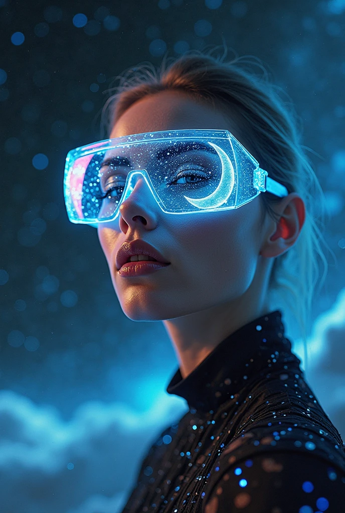 The model is wearing glass sunglasses，with stars and moon on the lenses