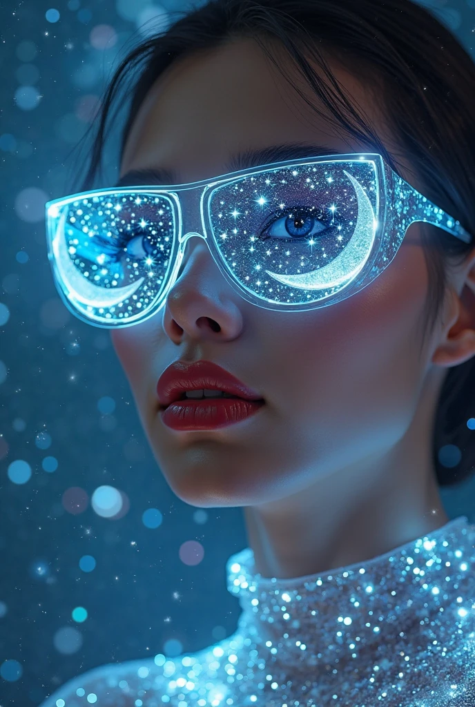 The model is wearing glass sunglasses，with stars and moon on the lenses