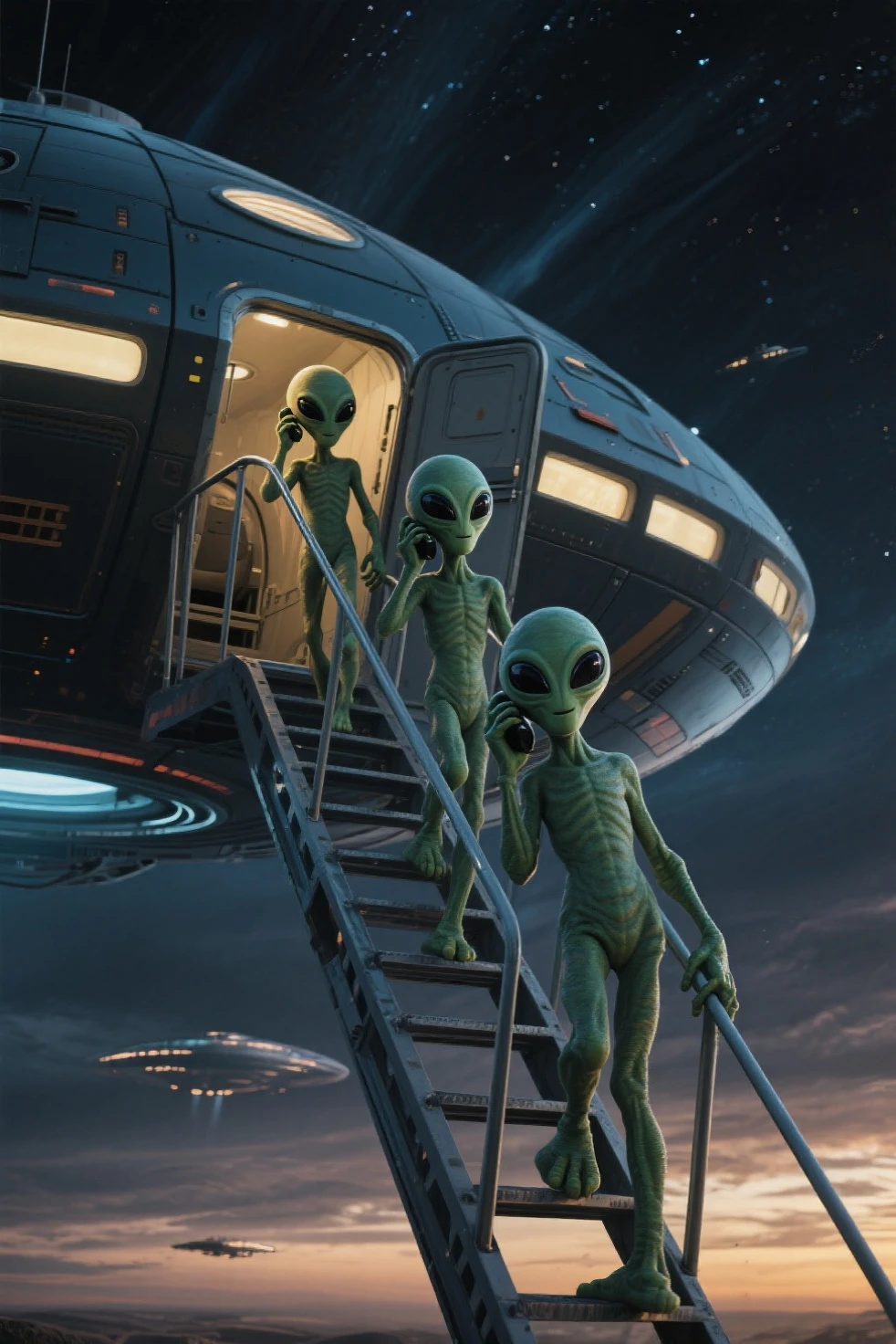 Three aliens，is coming down from the spaceship，The sky is dark，aliens are calling