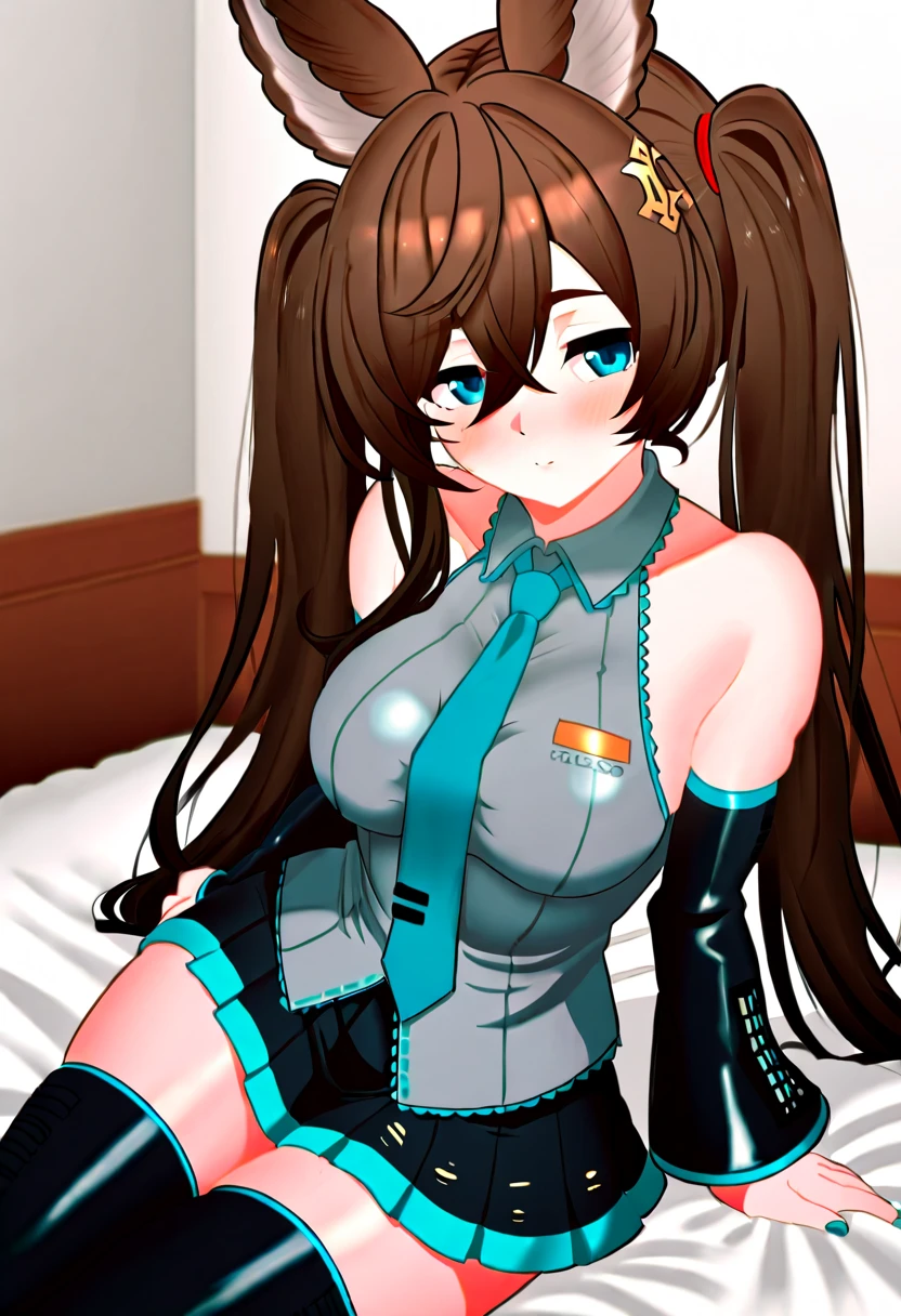 Android 21 from dragonball brown hair, long hair, curly hair, blue eyes, hoop earrings, two-tone dress, checkered dress, sleeveless, black pantyhose,  thick thighs, sitting on you pov,
