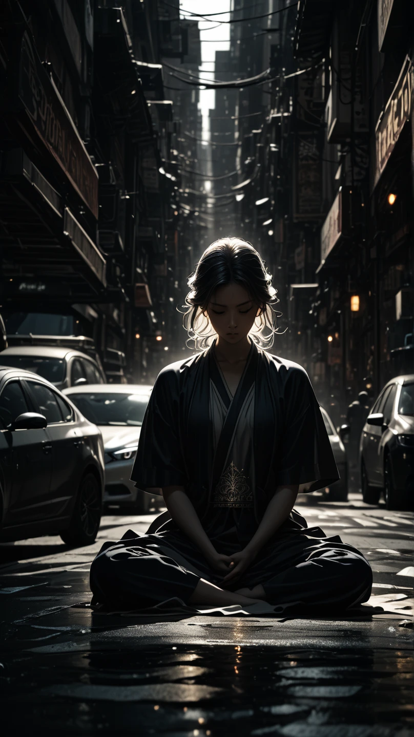 Handsome guy in a white shirt,Sit and meditate in a lotus pose,Look at the audience with your eyes closed,raised head,Floating on the ground,cheerfulness,A slight smil,realisticlying,Bokeh,light particules,very highly detailed background,detailed face with,Detailed and complex busy background,Untidy,opulent,milkyW,Highly detailed hands,Realistic details of skin,Visible Pore,tack sharp focus,volume fog,8K UHD,digital SLR camera,high qulity,filmgrain,White skin of the,photo-realism,lomo graphy,Huge metropolis in a dystopia of the future , look from down
