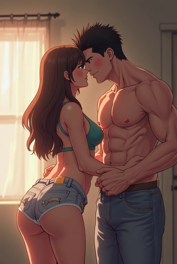 Amazing portrait of a man who is shirtless but wearing jeans kissing and passionately making out with a sexy woman wearing a saree near a window with natural light beaming through the window and both are lustful and hot 