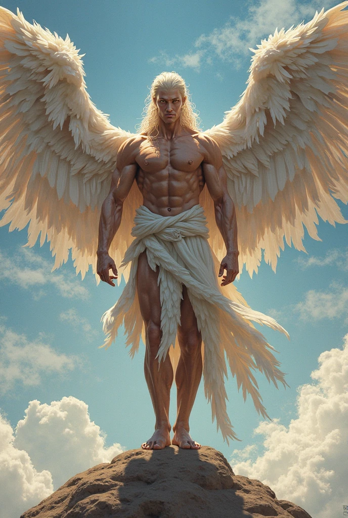 Describir en detalle la figura de un hombre, Archangel with angelic features turned completely to the left. torso denudo, grandes musculos, Como el pelo blanco, largo y liso, Las alas blancas y angelicales en su espalda, as well as its extremely striking beauty, encanto, The elegance and the angelic feeling that emanates from it. Imagine it on a stage with a white background, bathed in a radiant light, and explores how these elements combine to create a captivating, heavenly image.. (Hombre)