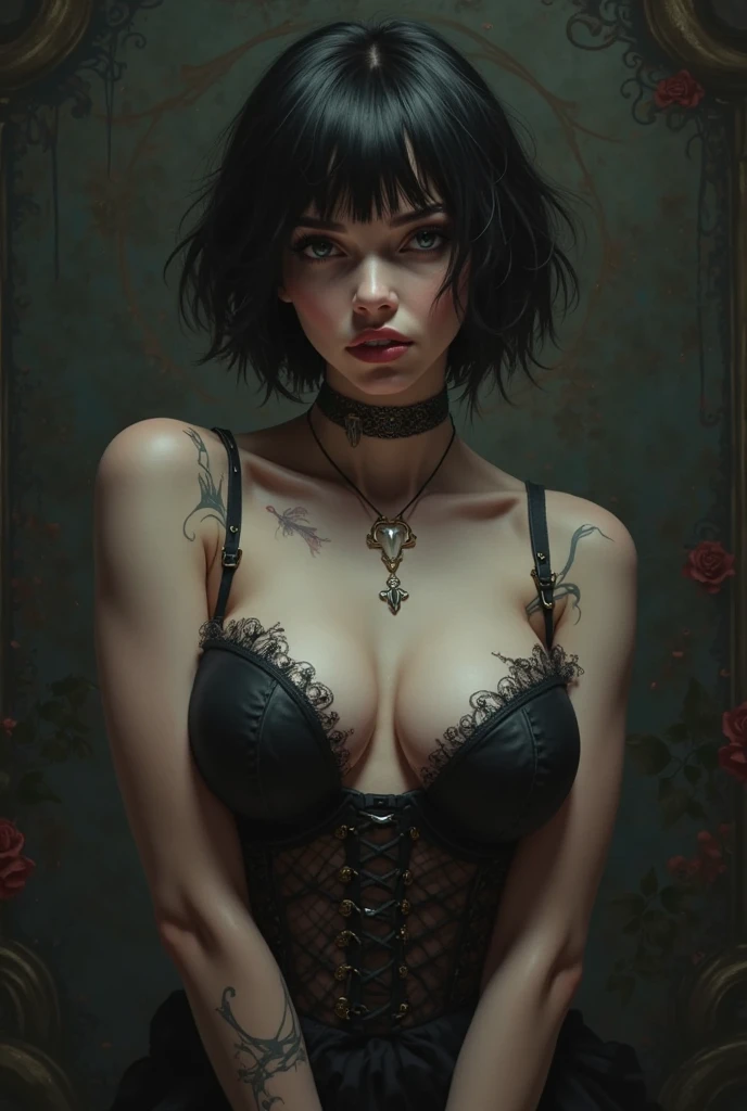 absurdres, choker, black_shorts, cleavage, boots, stomach, phonograph, navel, rose, gloves, shorts, coattails, flower, coat, purple_eyes, breasts, unrefle, 1girl, solo, highres, tattoo, glass, sitting, midriff, chair, crossed_legs