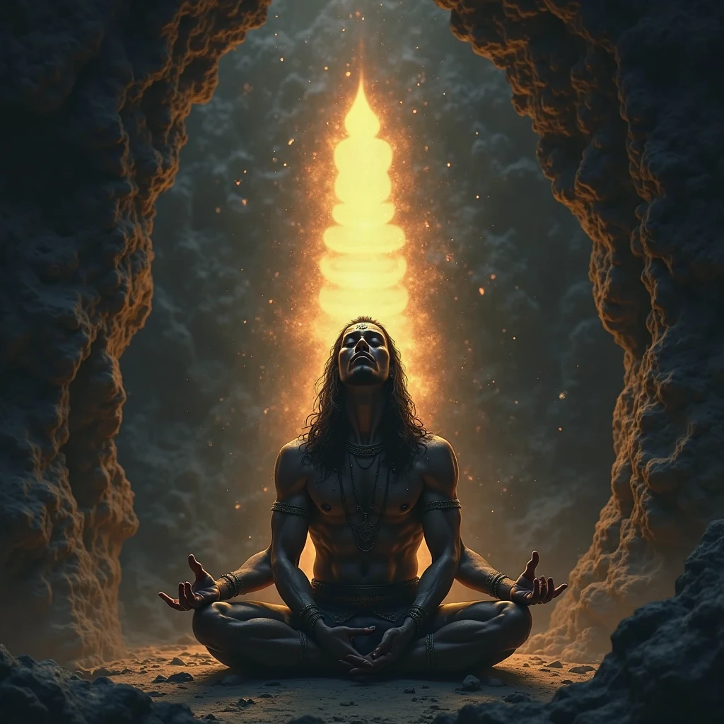 Young Japanese man meditating on a rock inside a volcano surrounded by lava 