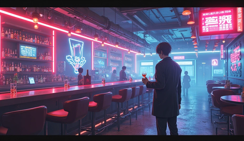 Drinking, facing away from the picture, alone, toasting, laughing, bar, neon, mysterious, warm, late night, Bauhaus, anime visuals, sketching, lights full of art