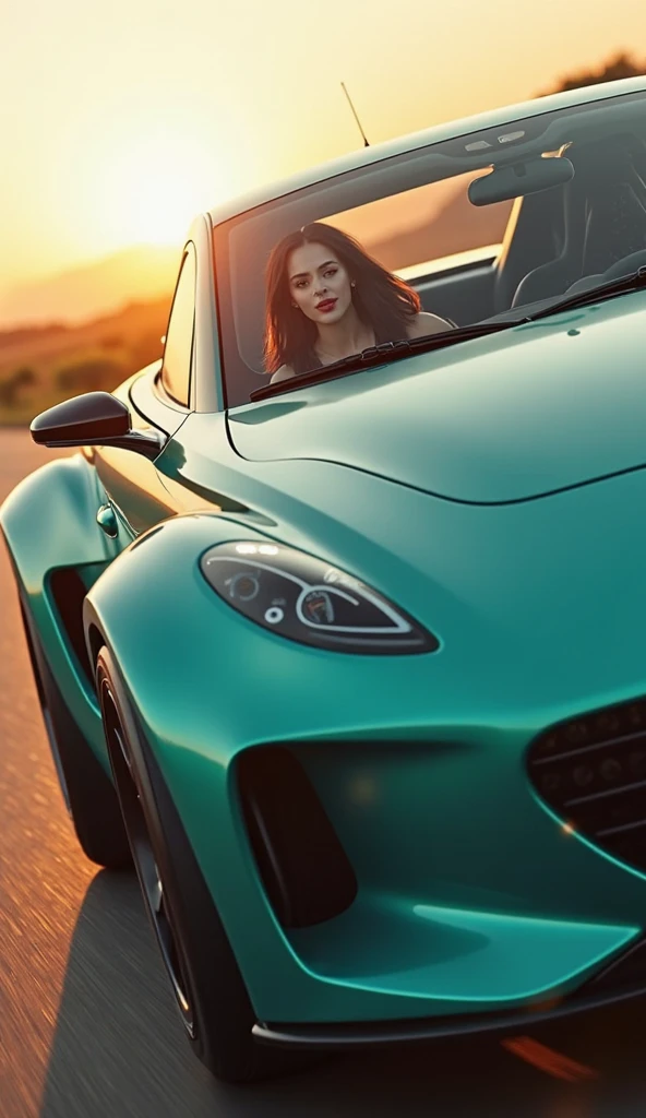 The theme is a scantily clad woman driving an open car along a seaside road.、Please draw a scene of the sun setting.。Woman wearing sunglasses、She is wearing a loose dress、The orange sea and sky spread out in the background.。