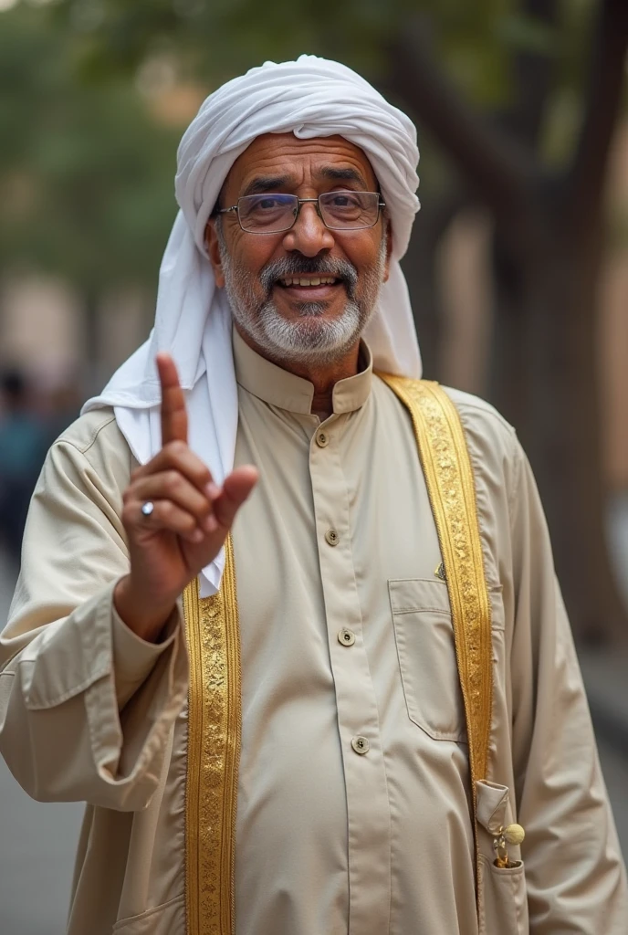 old muslim man, wearing religious balenciaga attire, no beard, long mustache but no beard, embroidered clothing, looking at camera at an office, mutamir el cid
hand reaching to the camera, smile
