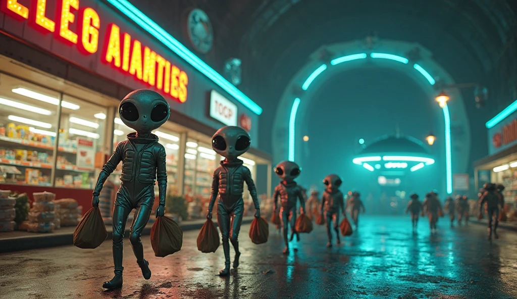 Several aliens passing by a factory conveyor belt
