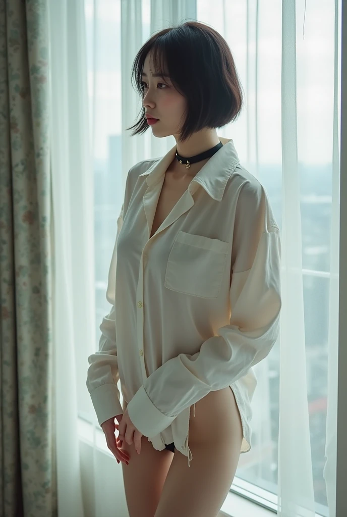 ((Realistic lighting, Best quality, 8K, Masterpiece: 1.3)), Clear focus: 1.2, 1girl,big ass:1.1, Perfect body beauty: 1.4, Slim abs: 1.1, ((red bob hair, small breasts: 1.3)), (wearing 10cm black high heels,Wearing ultra-thin white shirt button up open: 1.4, gray stockings: 1.2,), (indoor, night: 1.1), City streets view from 5 stars hotel room, Super fine face, fine eyes, double eyelids, lying on bes