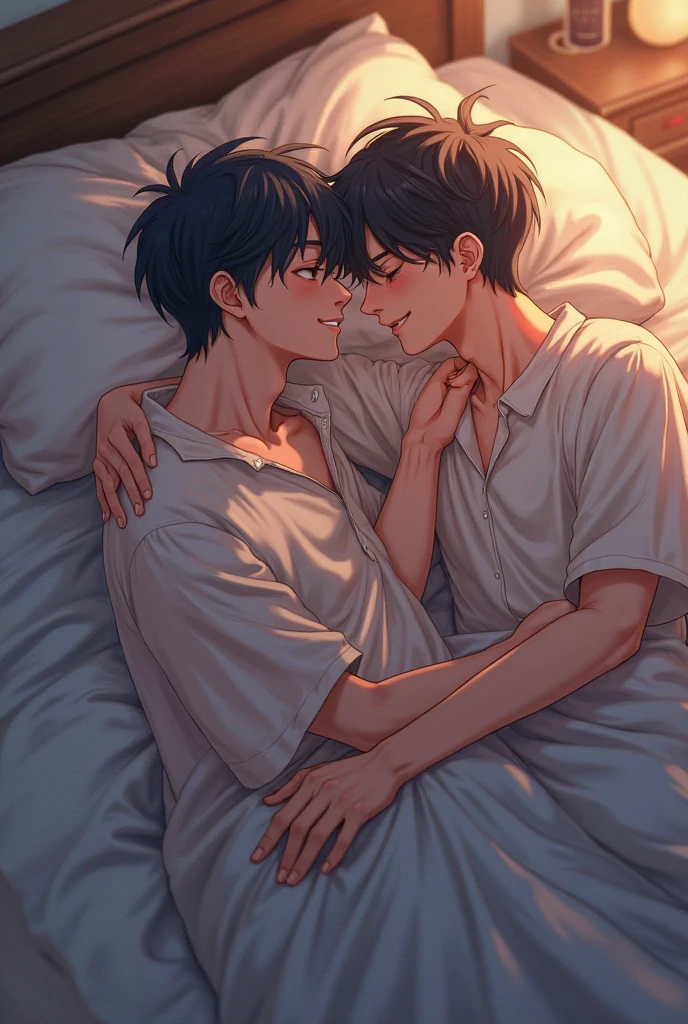 A man watching from afar two other men lying in bed hugging each other in an anime drawing hd