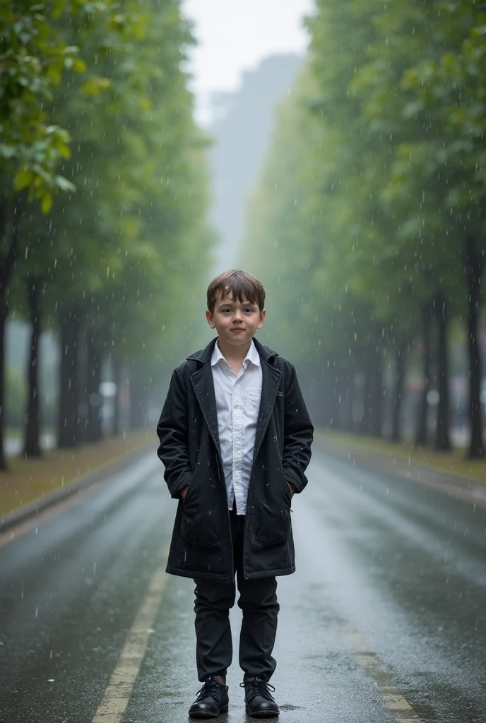 A charming Italian boy walks in the streets of Italy under the rain. He is holding a black umbrella. The rain is heavy. The boy's eyes are happy. The trees shake in the rain