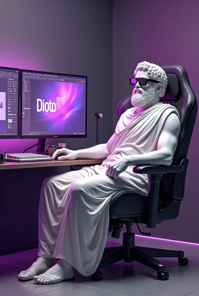 A striking digital artwork that masterfully blends classical Greek sculpture with futuristic cyberpunk elements, reimagining the iconic David figure as a bold, edgy character. The figure dons a graffiti-style jacket, a vibrant red circle headpiece, and 3D virtual reality glasses, exuding a modern flair. A luminescent neon cigarette adds a touch of surrealism, while a golden necklace symbolizes the eternal connection between past and present. Set against a mesmerizing collage of neon lights, digital illustrations, and high-contrast illumination, the background creates a nostalgic yet innovative atmosphere. This groundbreaking piece expertly merges traditional artistry with modern technology, challenging artistic conventions and sparking the imagination.