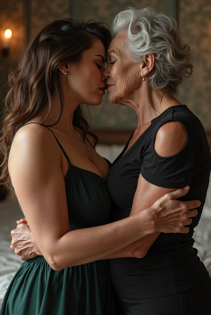 An elderly tattooed Asian woman having sex with her black teenage girlfriend