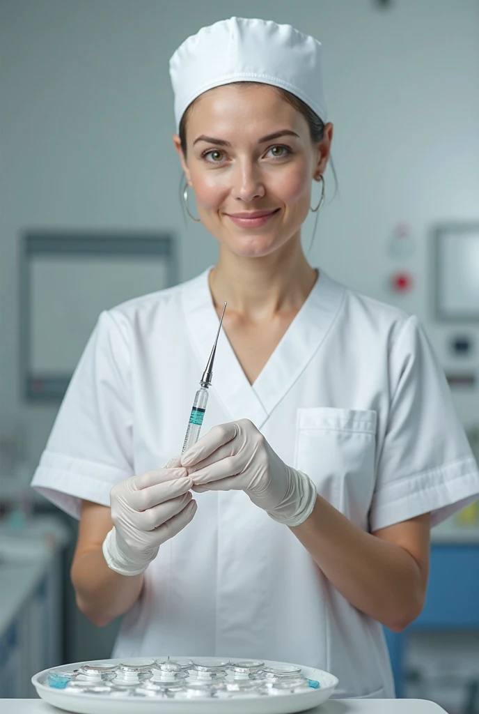 (nurse), smiling in the ward. She is skillfully preparing injection needle tube. The warm ward is in the background, full body, award-winning, cinematic still, emotional, vignette, dynamic, vivid, (masterpiece, best quality, photorealistic, Professional, perfect composition, very aesthetic, absurdres, ultra-detailed, intricate details:1.3)