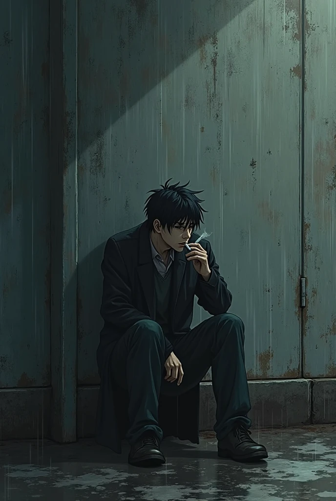Constantine, man sitting on the floor, smoking a cigarette, dressed in a suit, black tie, broken glass on the floor, leaning against a wall, dark and gloomy scene