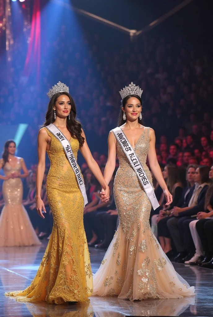 The reigning Miss Universe put the crown on the winner head from behind her. The winner crying. They wear evening gown at stage