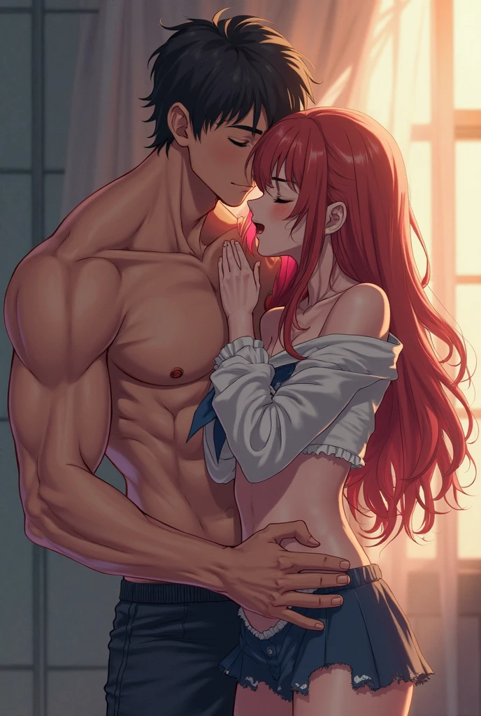 um casal(two people) kissing. She has wavy red hair and big breasts., The boy has short, curly hair, and plenty of body hair (body hair) having sex (trancing)
