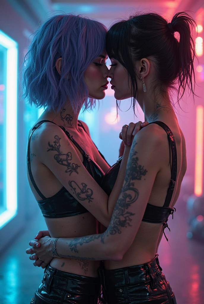 Beautiful Female Cyborg, with black hair, kissing a japanese woman, purple haired , under the rain, with wet bodies and wearing neon blue lingerie, transparent and lace