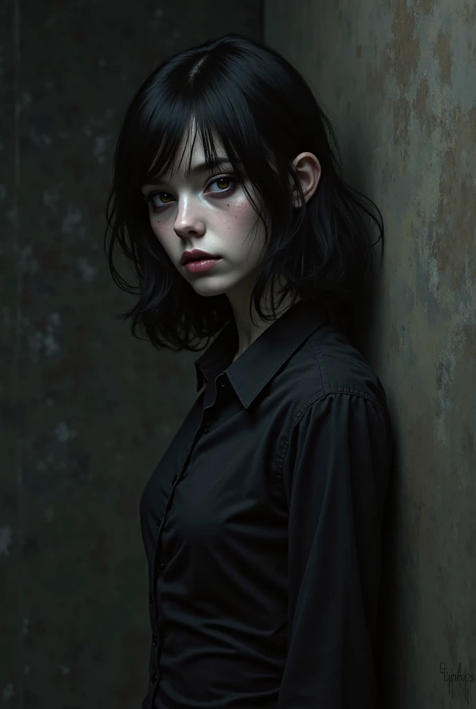 ((masterpiece, Best quality)), (1 girl), (One), (female focus), wear (Man with a chainsaw),(very detailed face, real image, Realistic white skin, realistic body, complex parts), upper body, serious , Brown eyes, I look at the viewer, bandages over the body, black hair, long-sleeved shirt, pinafore dress, Black tie, bandages, bandages,