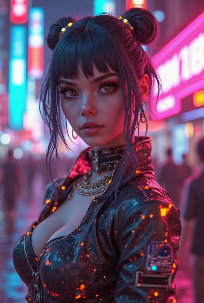 Cyberpunk, neon light, high quality, 8k, sexy 18 year old girl, black hair, perfect face, beautyfull eyes, full body, wearing a bikini, cyberpunk themed environment and background